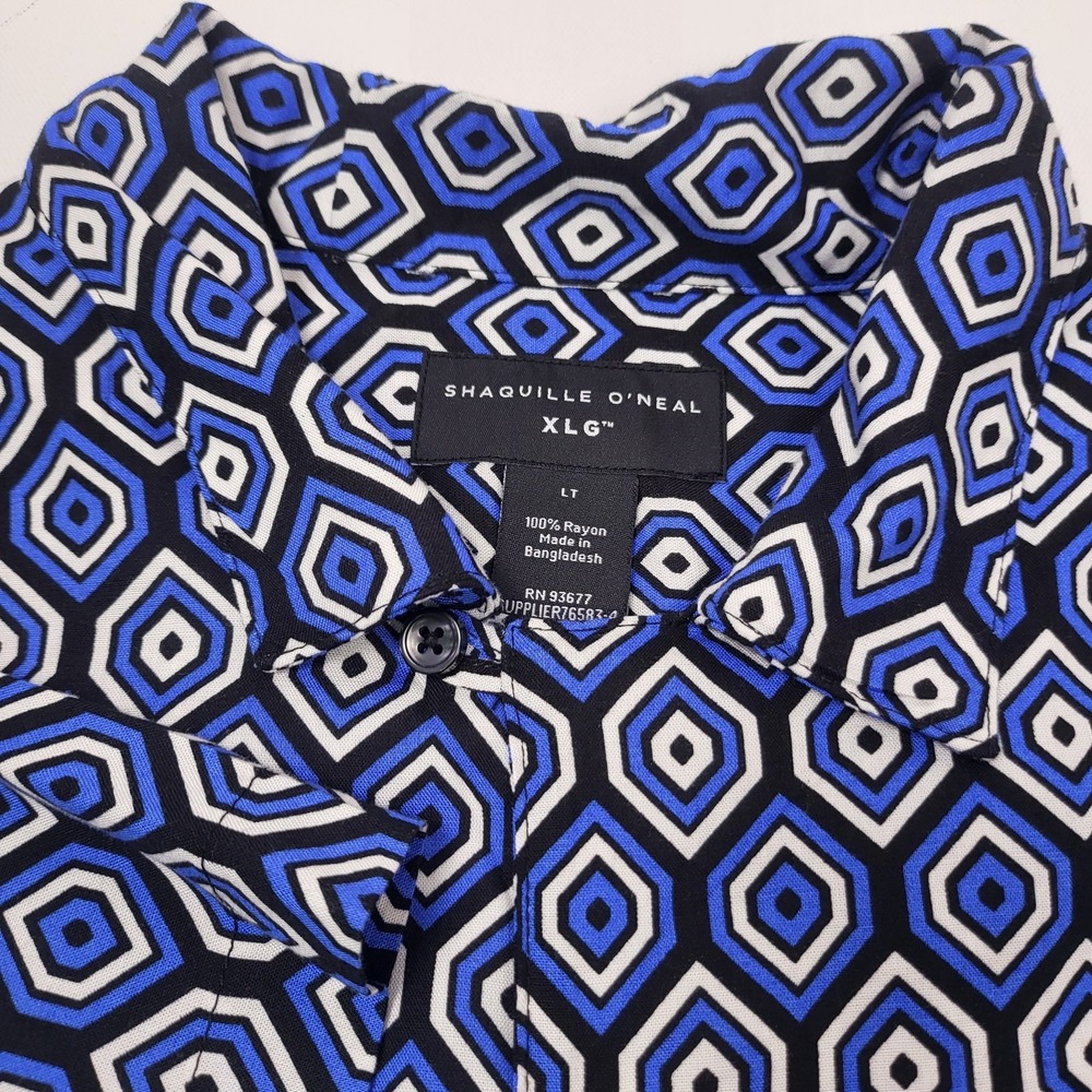 Shaquille O'Neil Mens Blue & White Geometric Short Sleeve Collared Shirt Large T